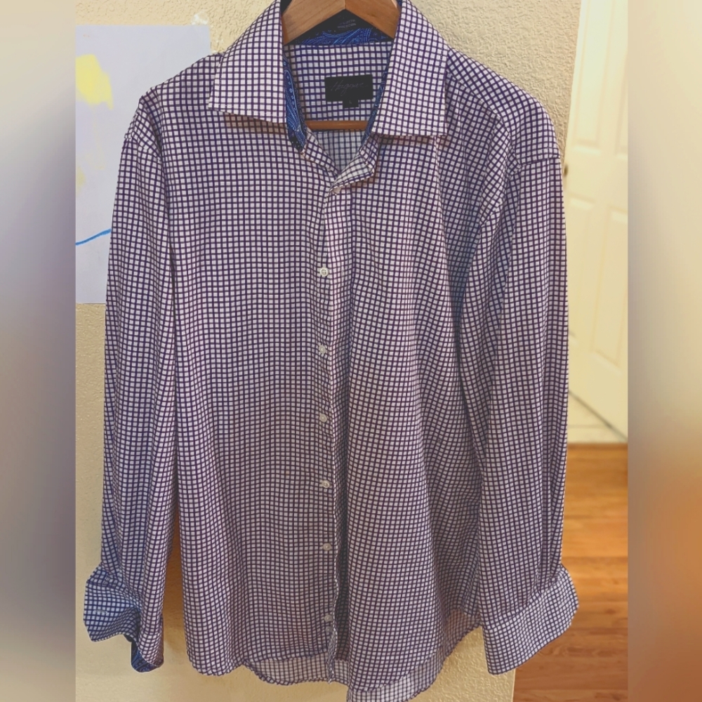 dress shirt, large, purple windowpane with contrast collar